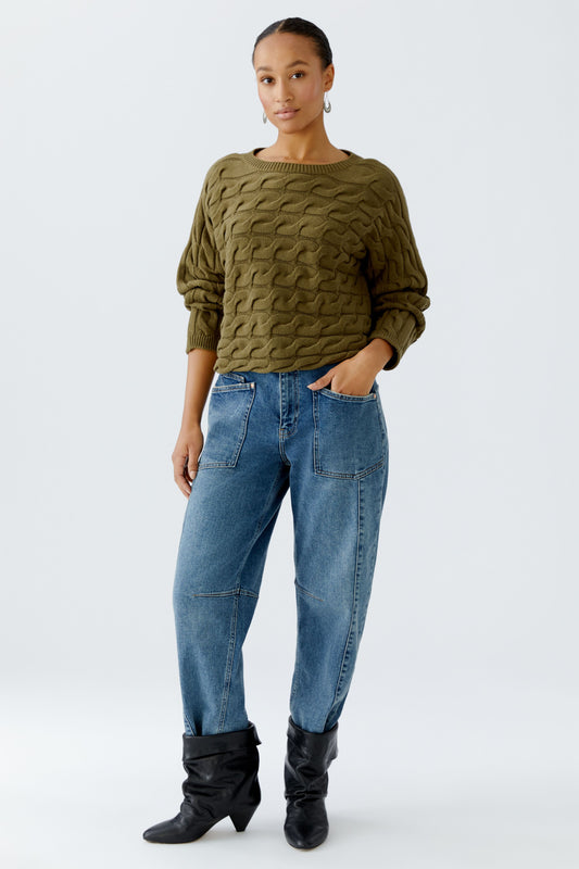 Oui Khaki Cotton Cable Sweater 94609