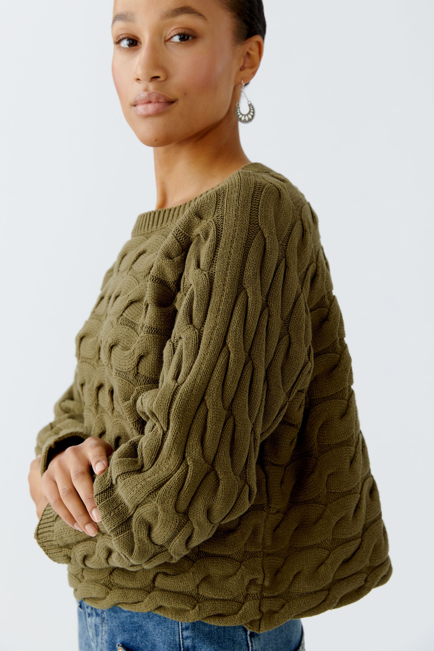 Oui Khaki Cotton Cable Sweater 94609