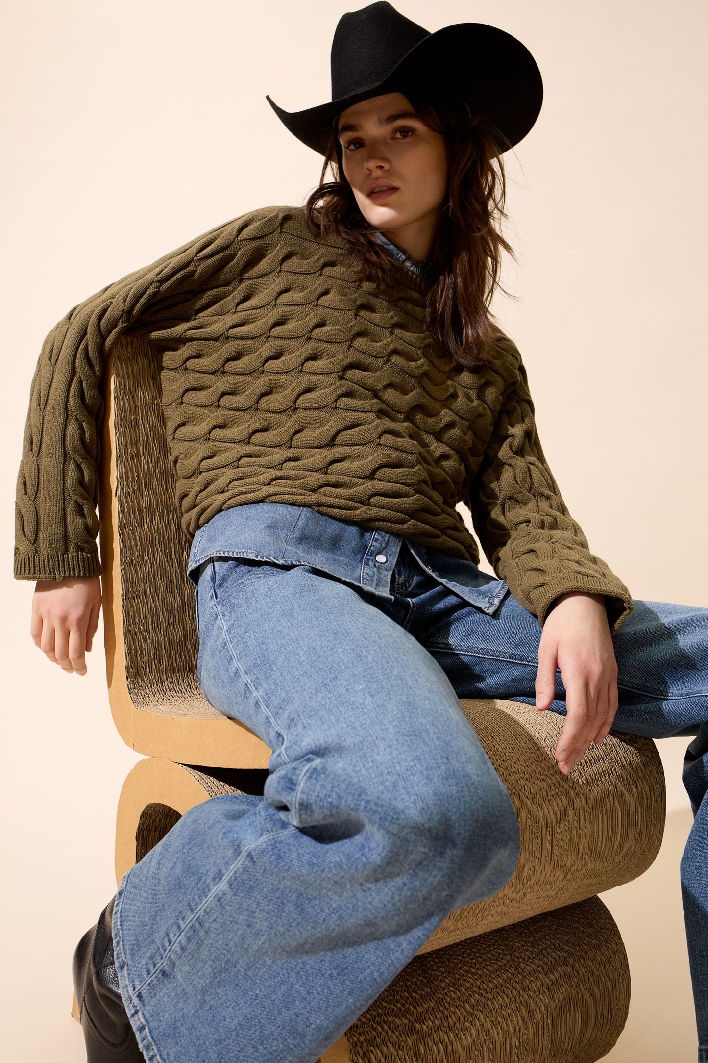 Oui Khaki Cotton Cable Sweater 94609