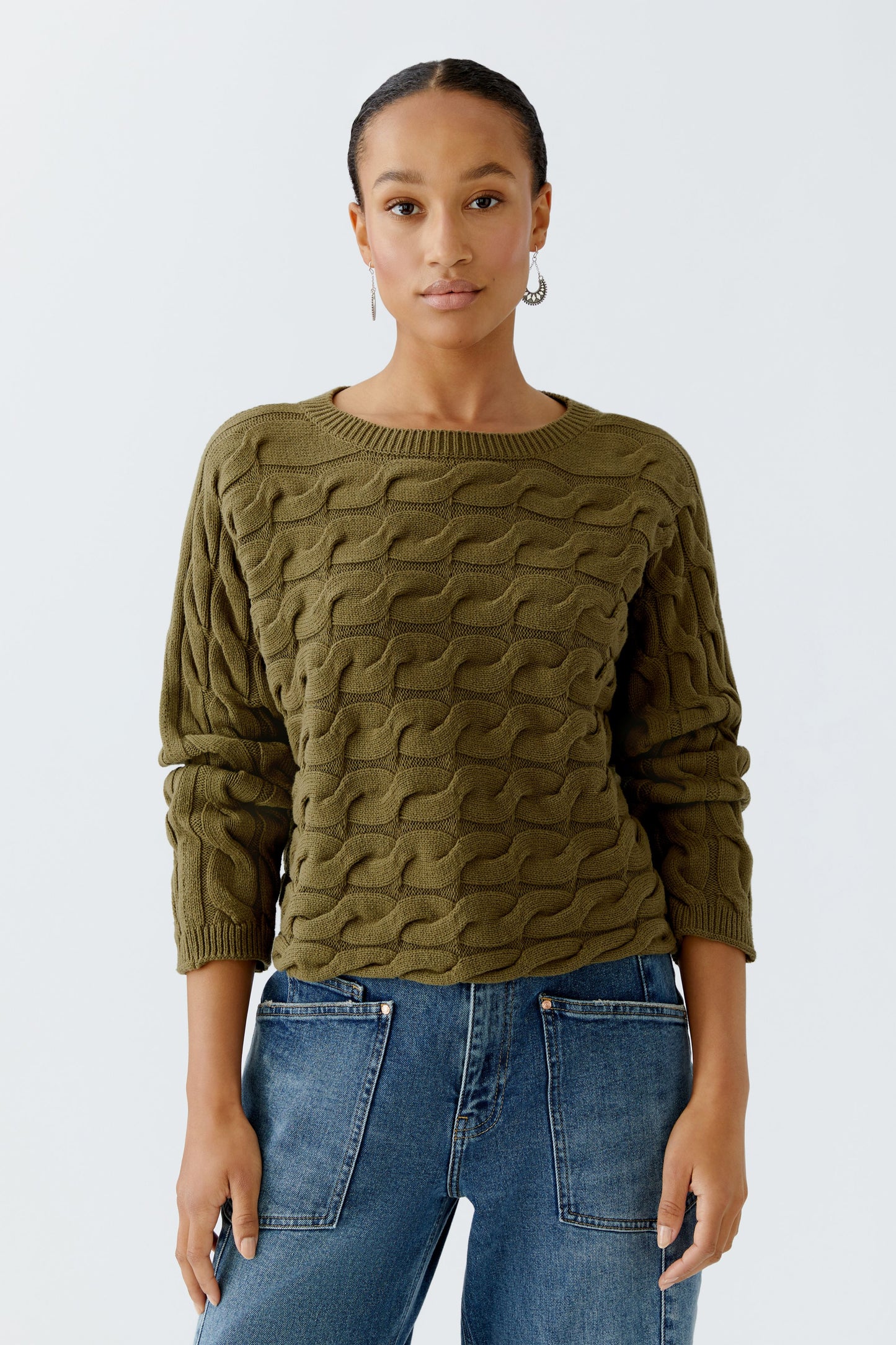 Oui Khaki Cotton Cable Sweater 94609
