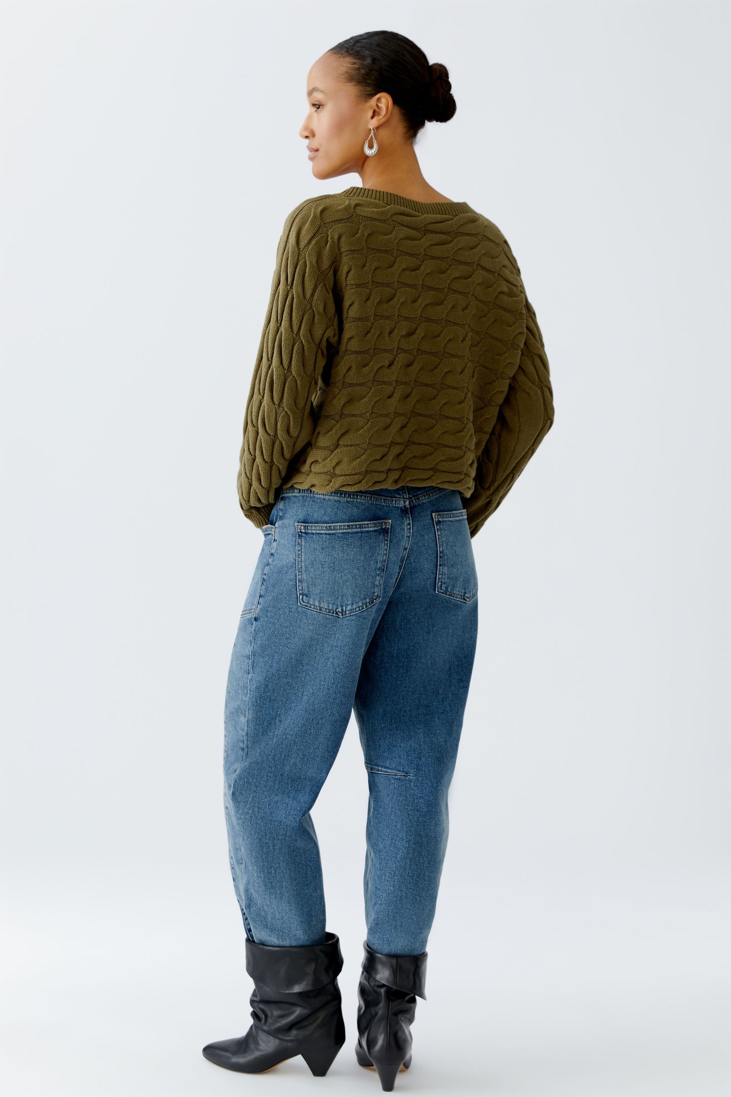 Oui Khaki Cotton Cable Sweater 94609