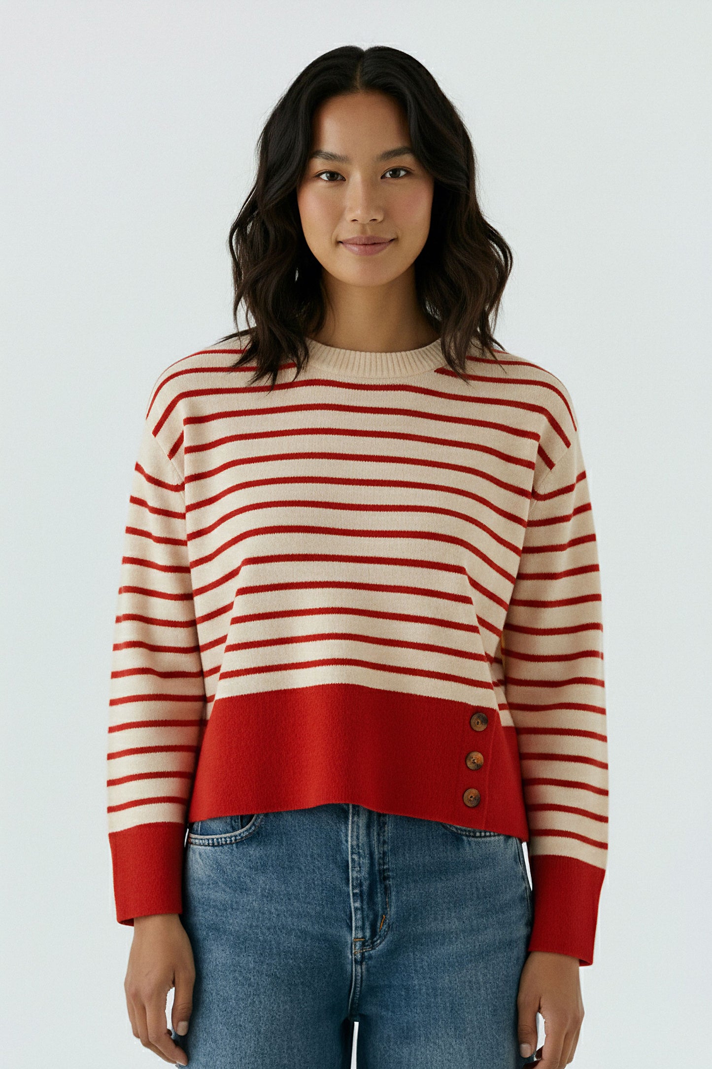 Oui Red/White Pullover Sweater 95989