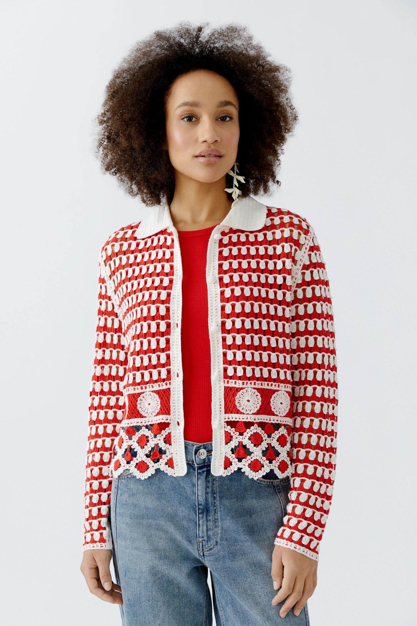 Oui Crochet Shirt Collar Cardigan 93582