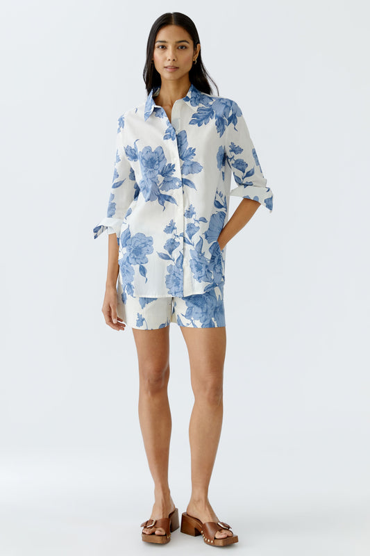 Oui Rose Print Cotton Classic Shirt Blue/White 92934