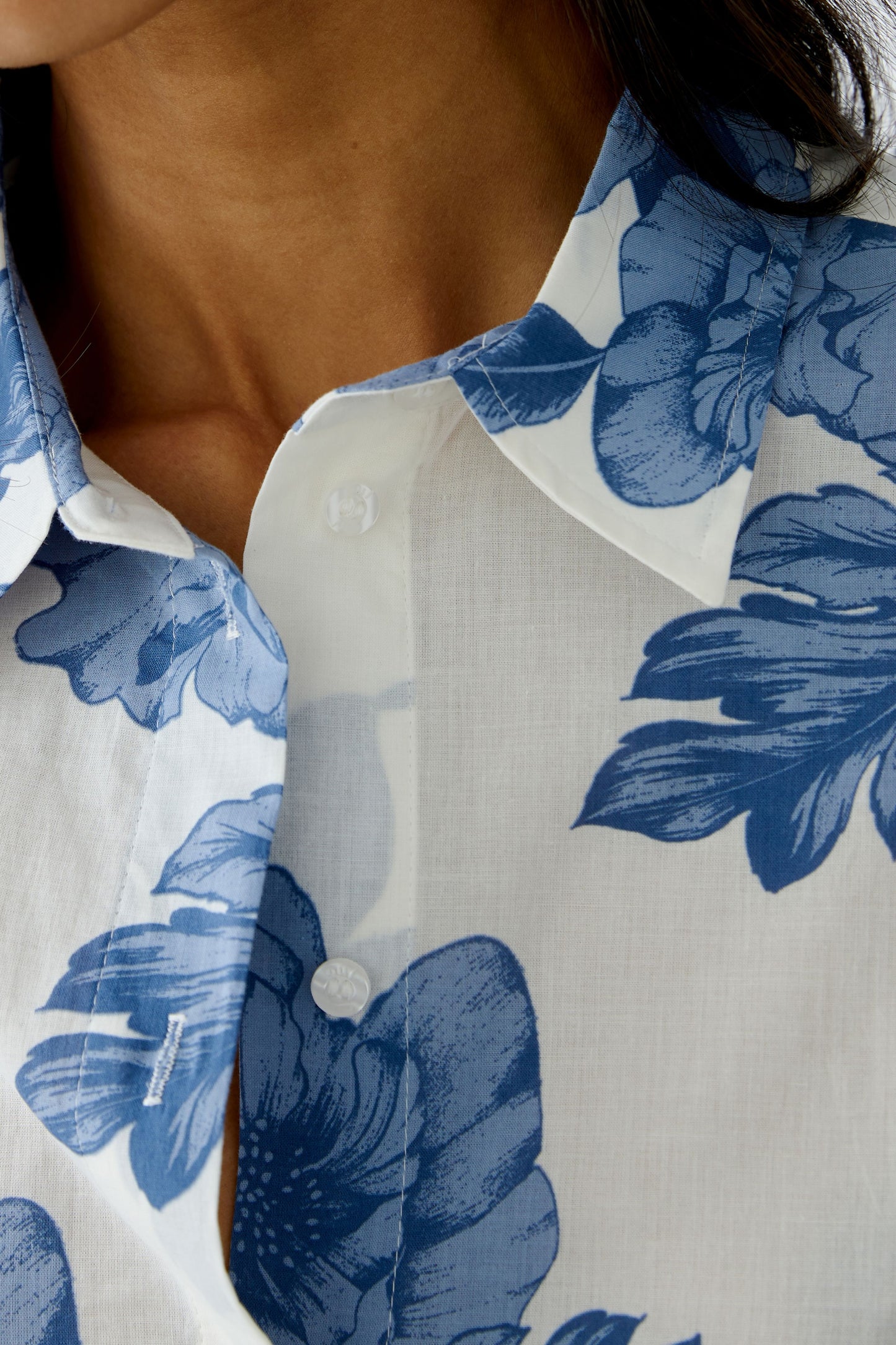 Oui Rose Print Cotton Classic Shirt Blue/White 92934
