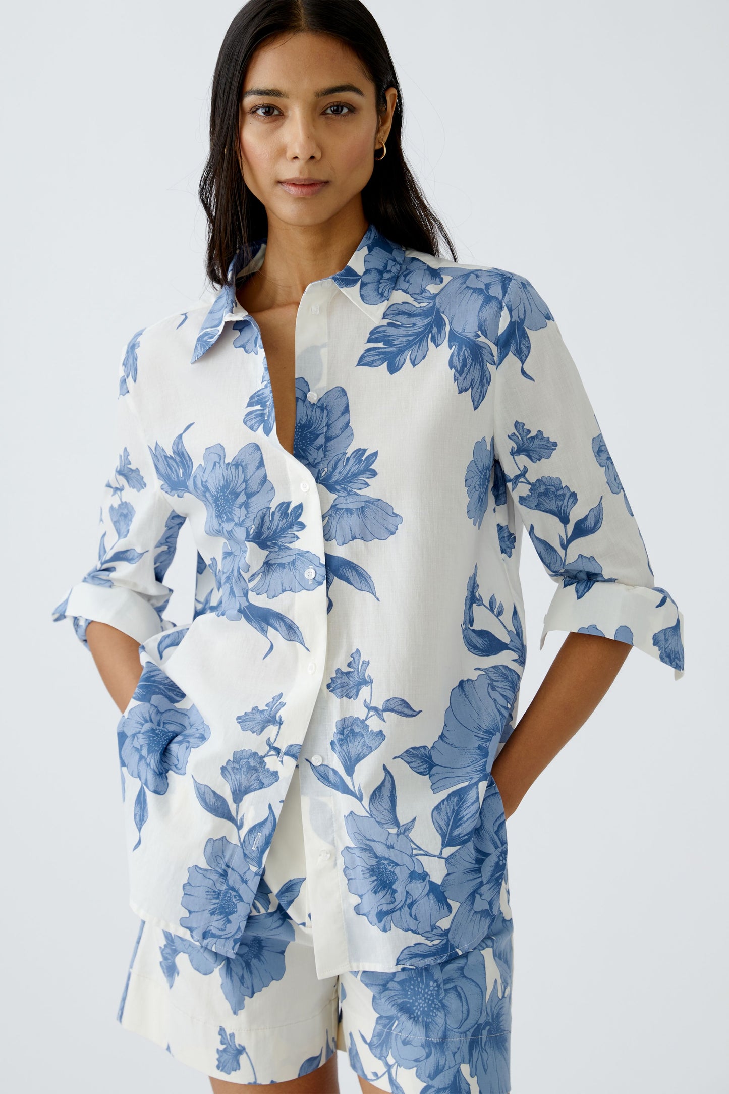 Oui Rose Print Cotton Classic Shirt Blue/White 92934