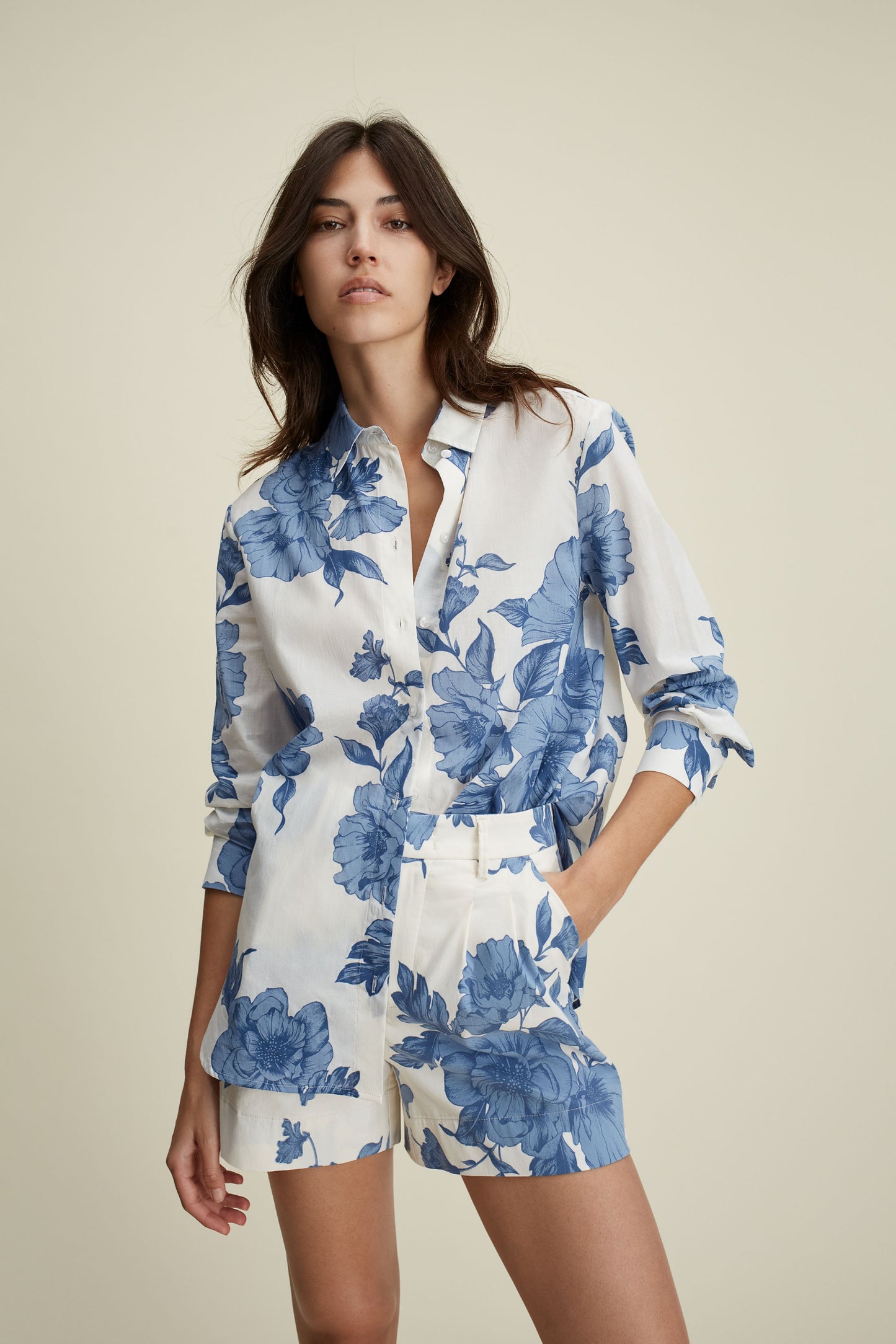 Oui Rose Print Cotton Classic Shirt Blue/White 92934