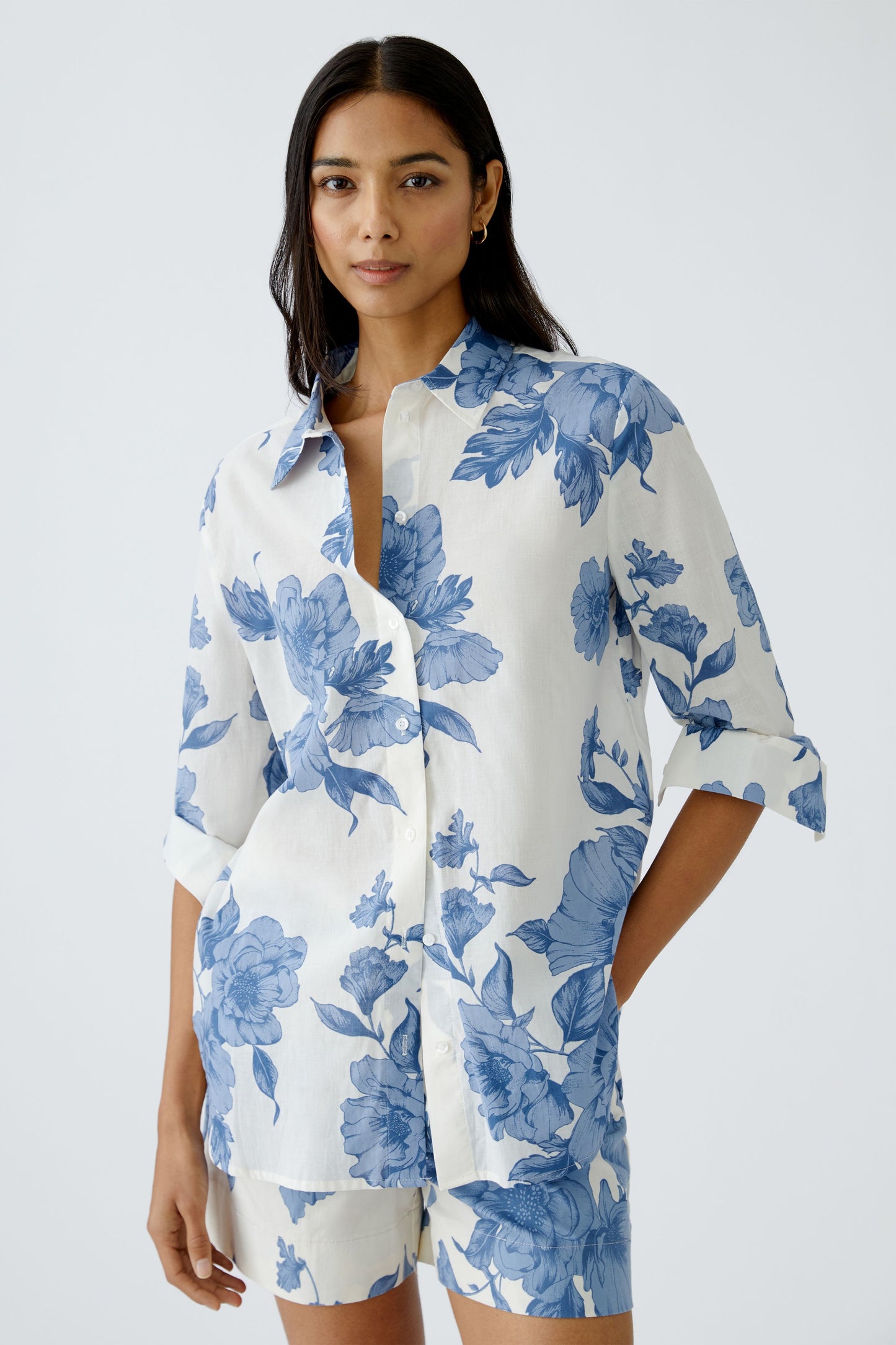 Oui Rose Print Cotton Classic Shirt Blue/White 92934