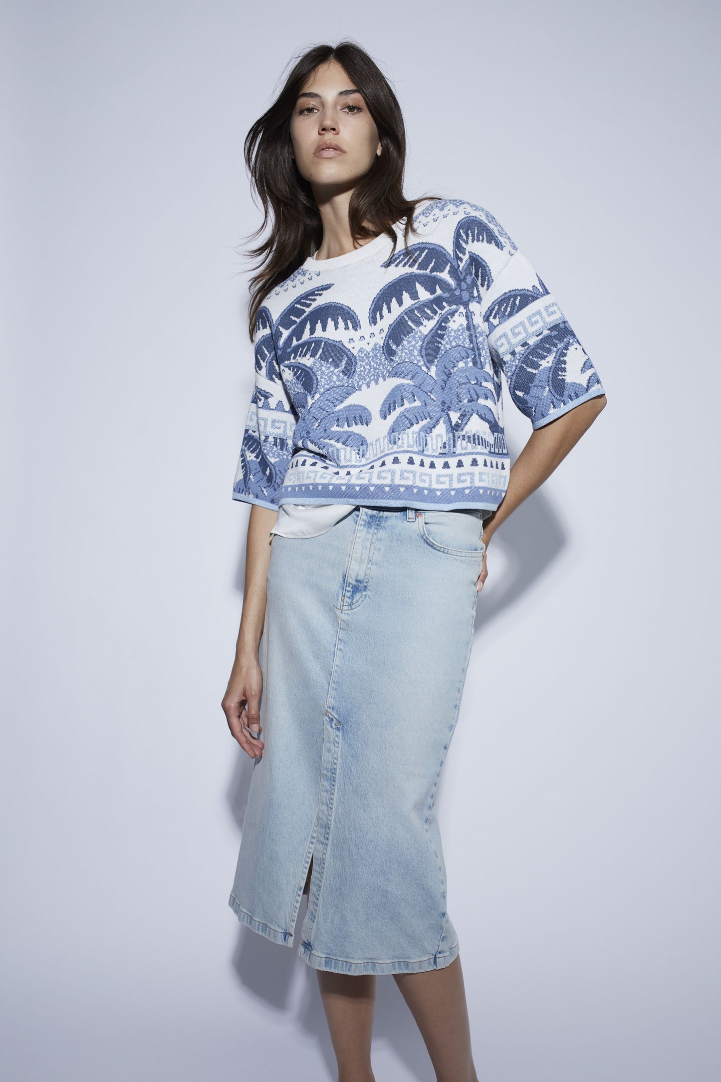 Oui Palm Print Knitted Top 93170