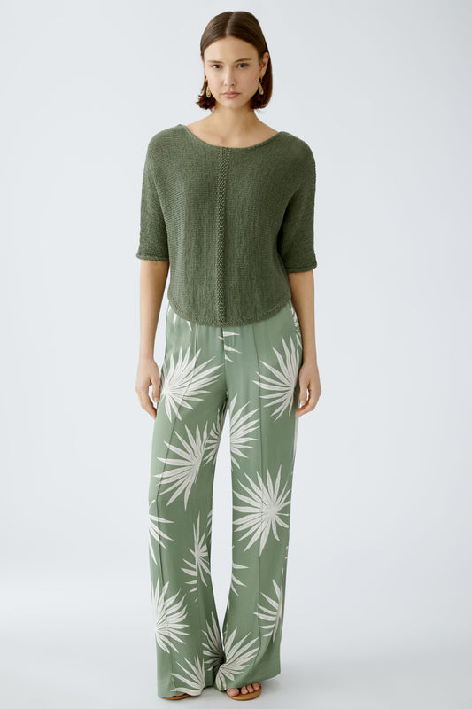 Oui Palm Print Full Length Silky Trousers Khaki/Cream 92813