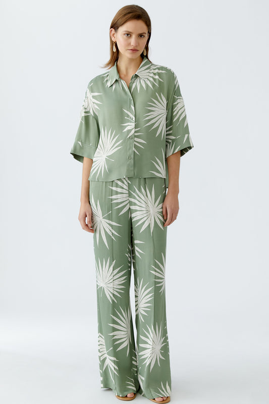 Oui Palm Print Boxy Cropped Shirt Khaki/Cream 92929