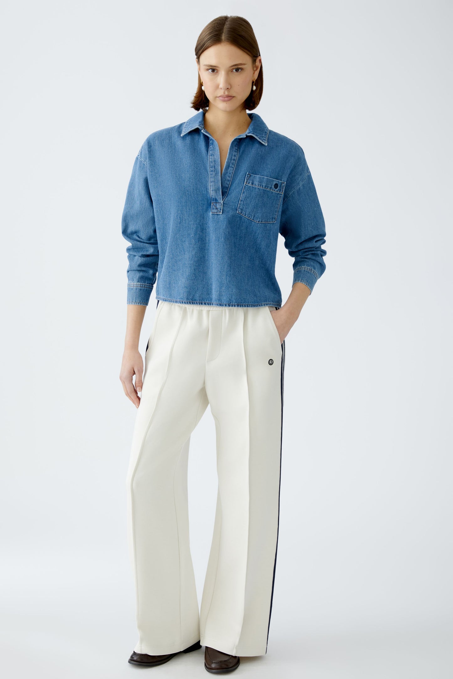 Oui Cream Jersey Side Stripe Trousers 91765