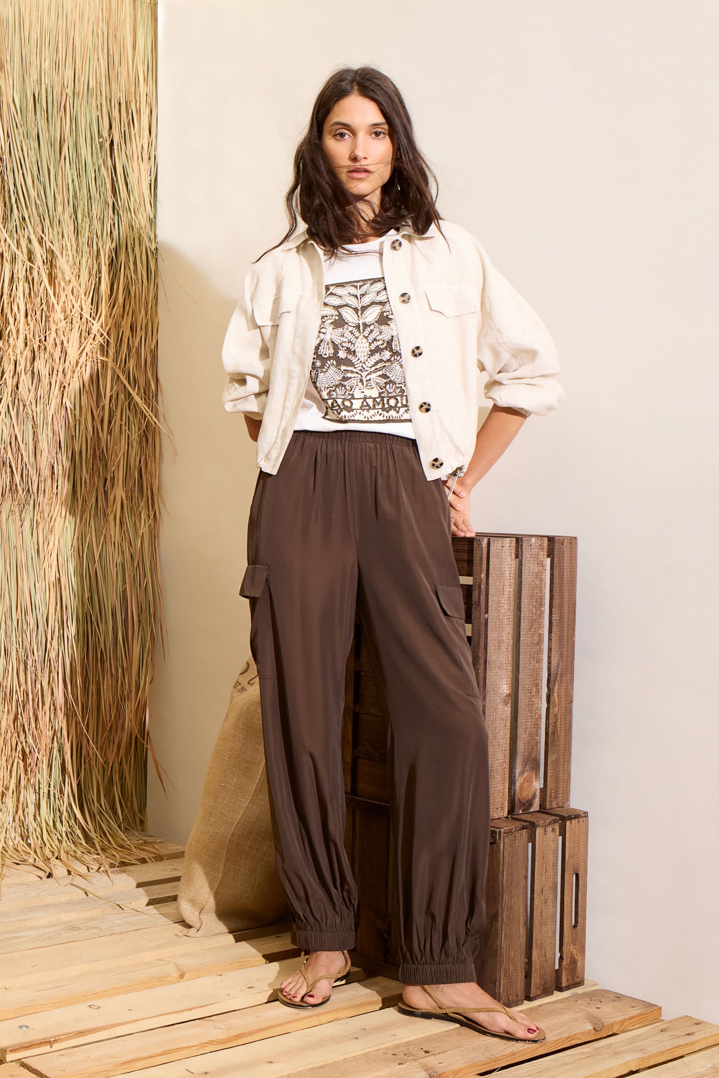 Oui Satin Cargo Trousers 97144
