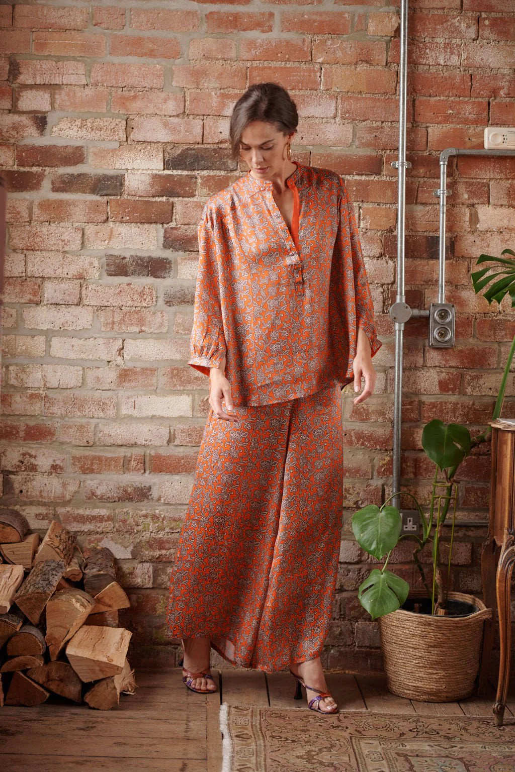 One Hundred Stars Floral Paisley Orange Palazzo Pants