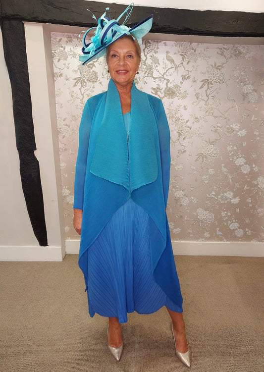 Alquema AC2404 collare coat & AD1072L estrella dress in aqua to royal