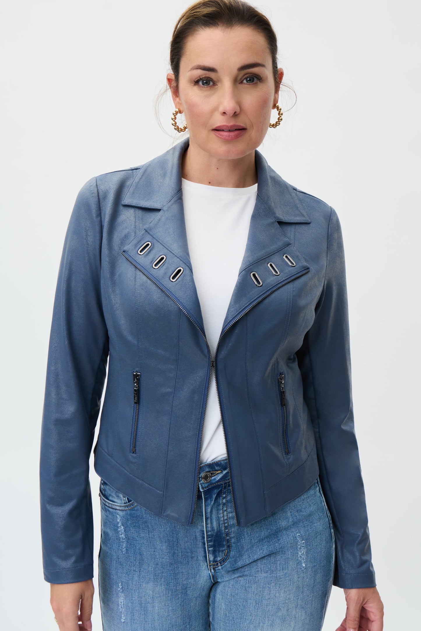 Joseph Ribkoff Mineral Blue Faux Suede Biker Jacket