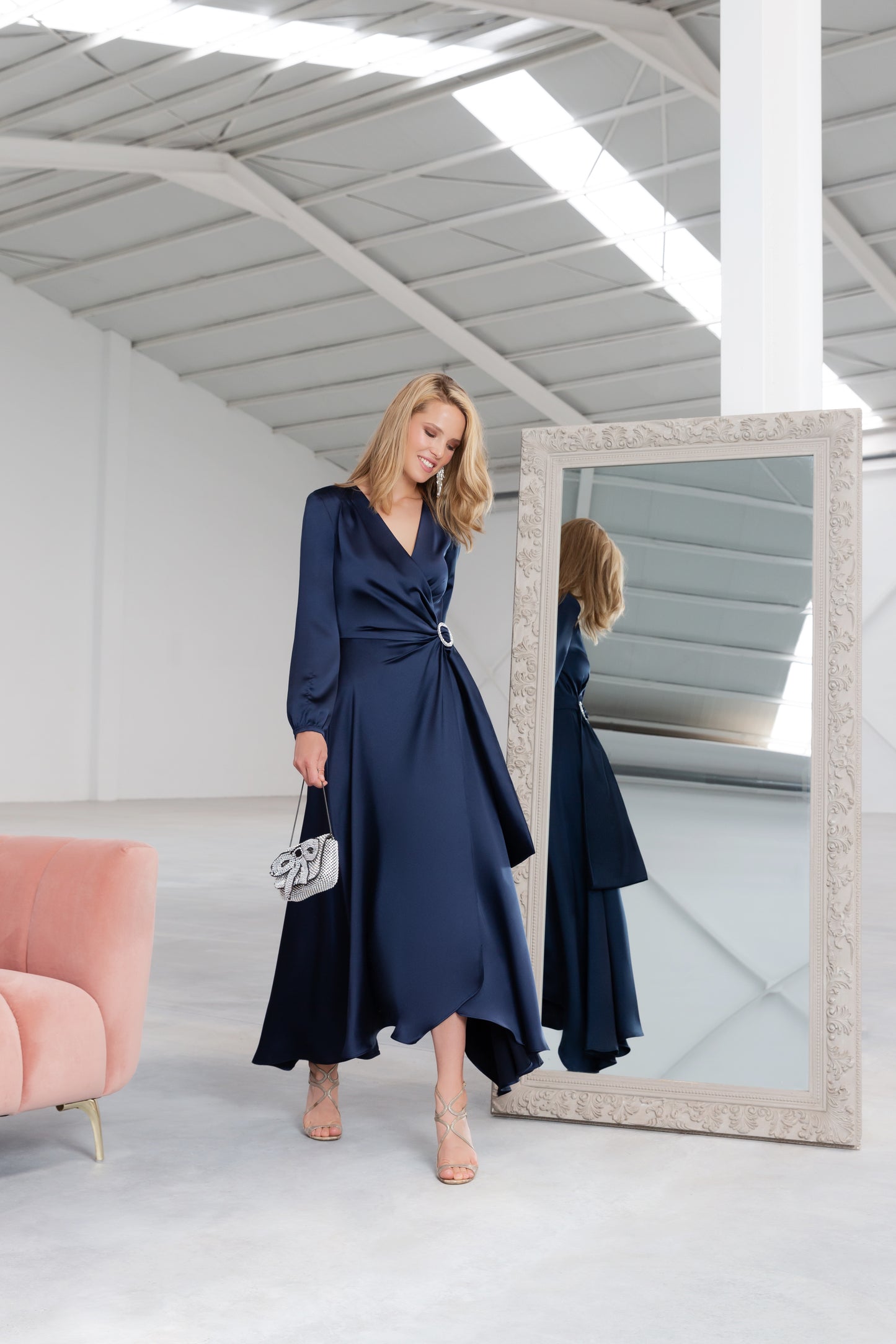 Carla Ruiz Navy Satin Wrap Dress