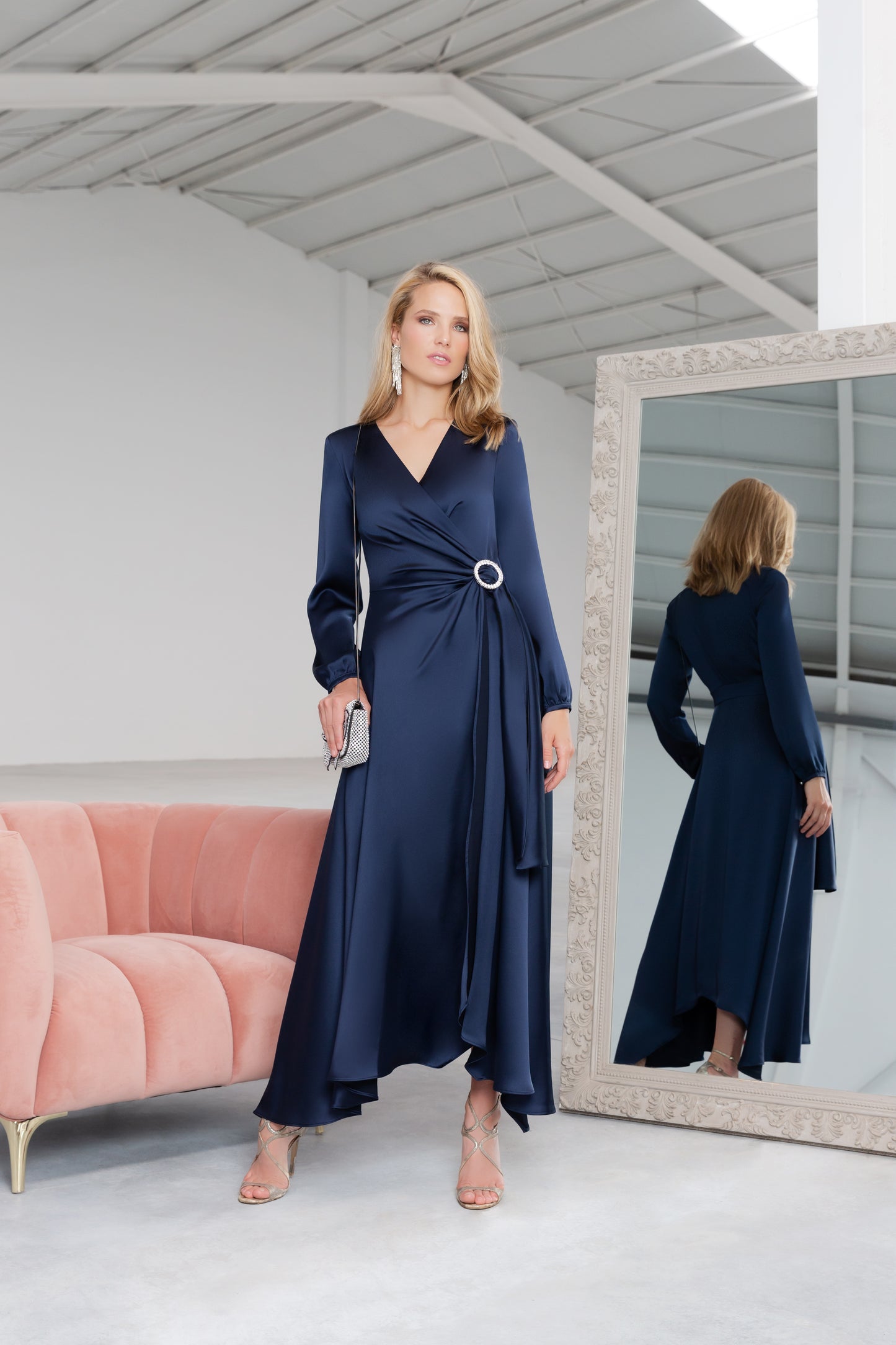 Carla Ruiz Navy Satin Wrap Dress